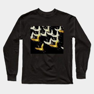 GOLD YELLOW WHITE FLYING CRANES IN BLACK Japanese Pattern Long Sleeve T-Shirt